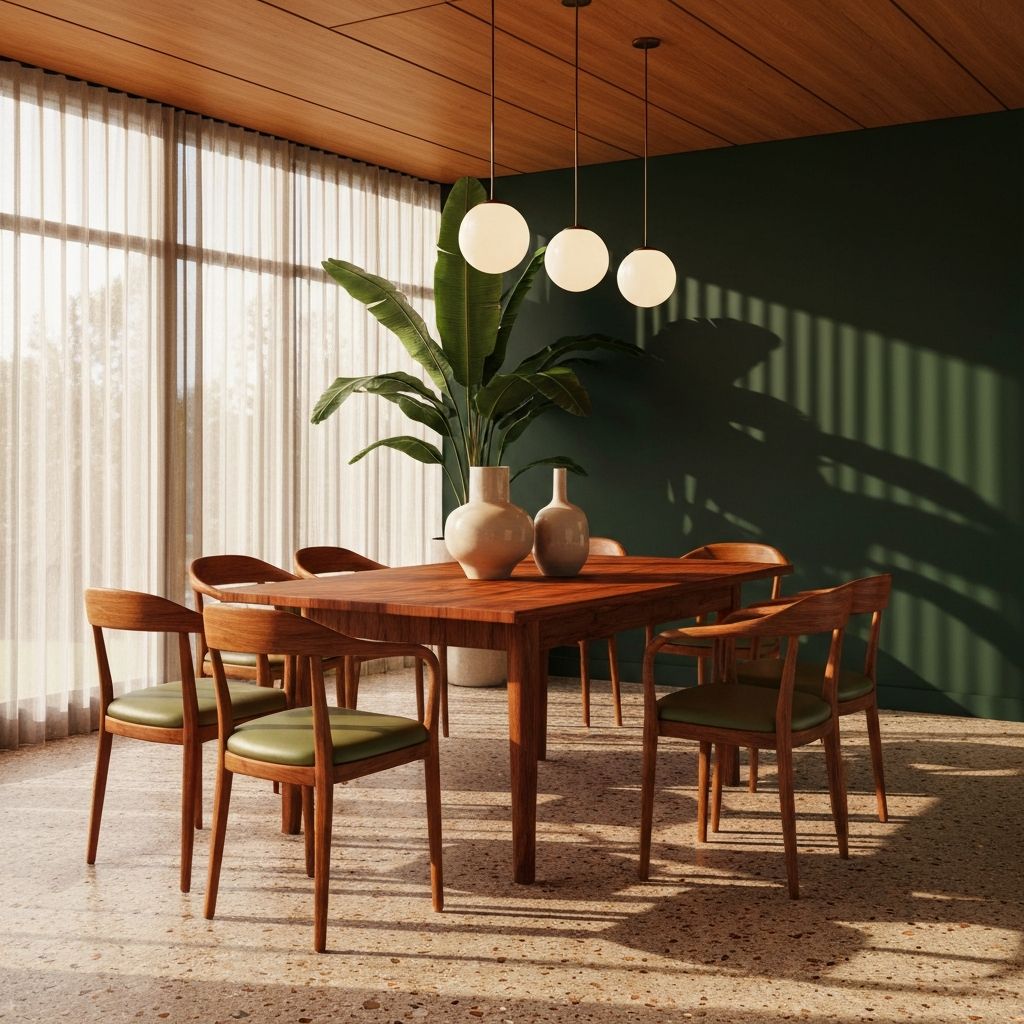 Comedor mid-century con madera de teca, suelo de terrazo y plantas tropicales